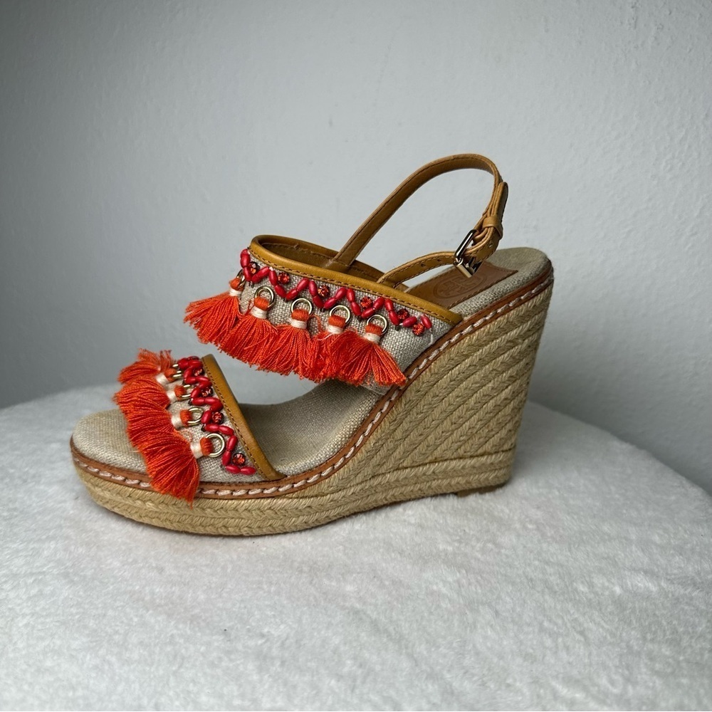 Tory Burch Women's 7M Vibrant Orange and Tan Espadrille Wedges Sandals Boho - Picture 3 of 15
